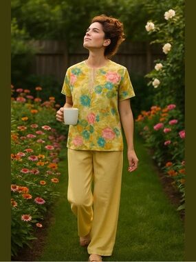 70s 2PC VANITY FAIR ASIAN INSPIRED FLORAL TOP & WIDE LEG PANT PAJAMA SET SZ M